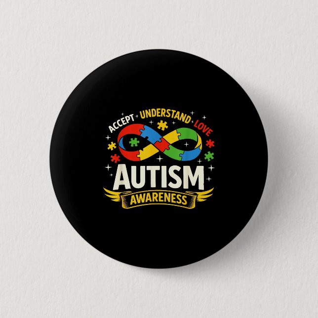 Autism awareness infinity puzzle accept understand 6 cm round badge (Front)