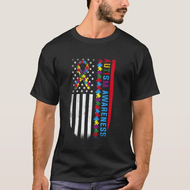 Autism Awareness Mom Dad USA flag Autistic Awarene T-Shirt (Front)