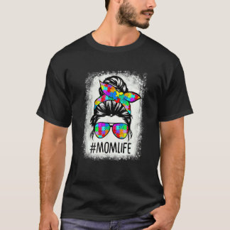 Autism Awareness Momlife Messy Bun Puzzle Beached  T-Shirt