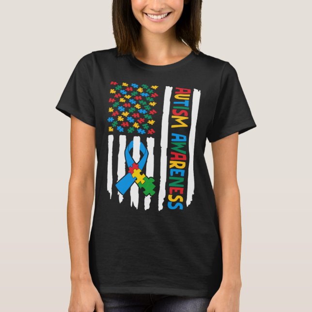 Autism Awareness Month American Flag Puzzle Piece  T-Shirt (Front)