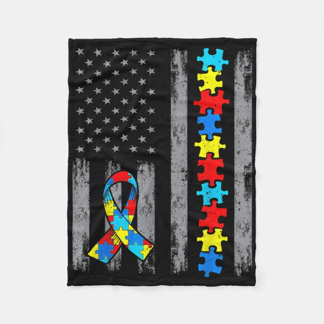 Autism Awareness Mum Dad Usa Flag Autistic Month S Fleece Blanket (Front)