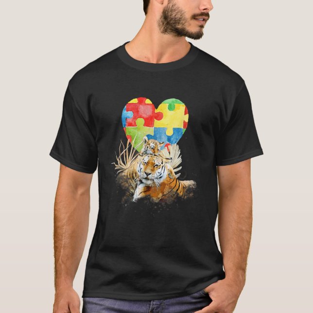 Autism Awareness Mummy Tiger with Baby Puzzle Hear T-Shirt (Front)