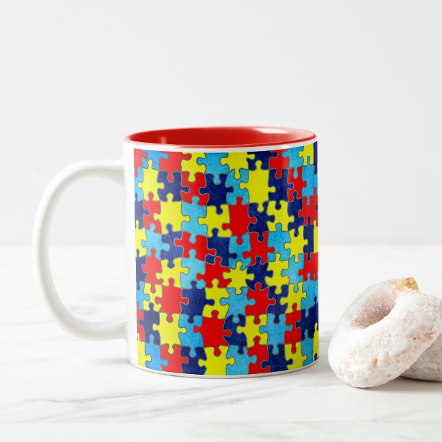 Autism Awareness-Puzzle by Shirley Taylor Two-Tone Coffee Mug (With Donut)