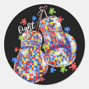 Autism Awareness Puzzle Piece Boxing Gloves Men Wo Classic Round Sticker
