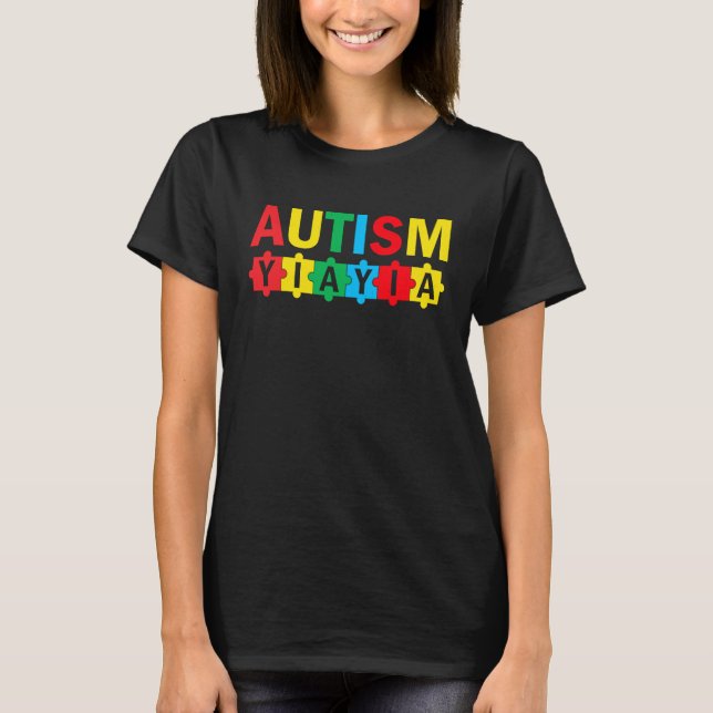 Autism Awareness Puzzle Ribbon Proud Autism Yiayia T-Shirt (Front)