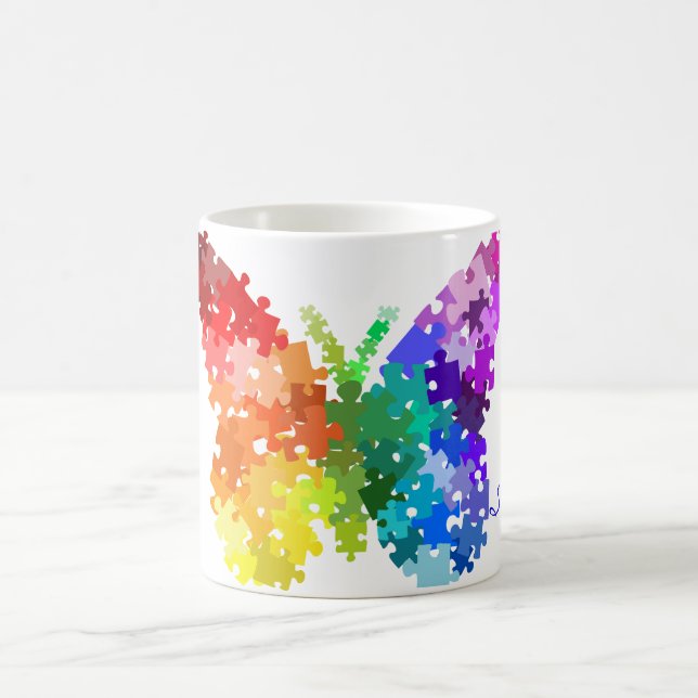 Autism Awareness Rainbow Puzzle Butterfly Coffee Mug (Center)