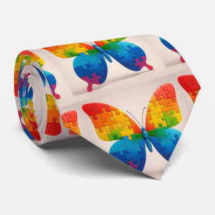 Autism Awareness Rainbow Puzzle Pieces Butterfly Tie
