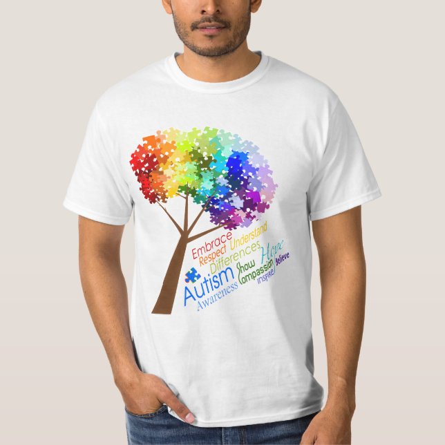 Autism Awareness Rainbow Puzzle Tree with Words T-Shirt (Front)