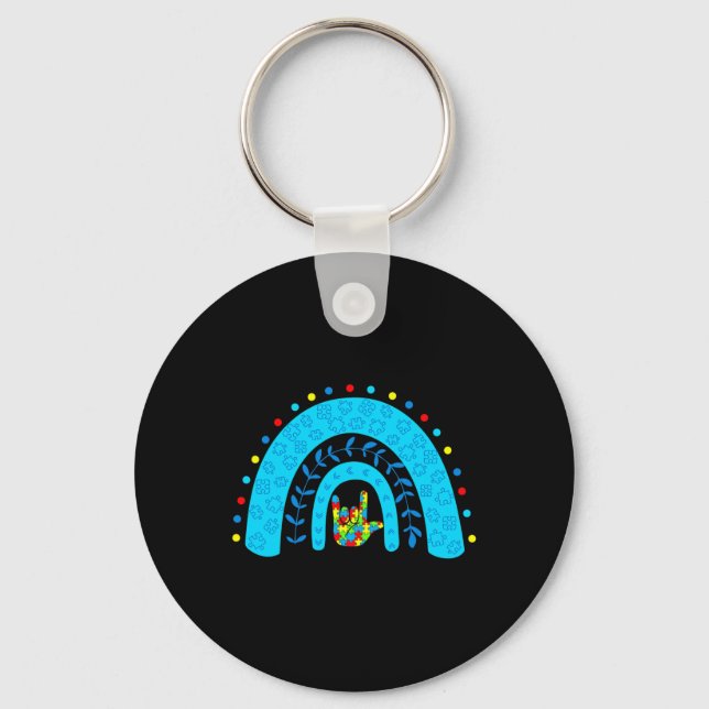 Autism Awareness Rainbow Support Puzzle Love Sign  Key Ring (Front)