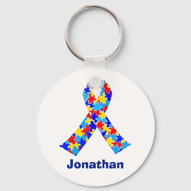 Autism Awareness Ribbon Blue Monogram Key Ring (Front)