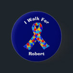 Autism Awareness Ribbon Custom Fundraising Walk 6 Cm Round Badge<br><div class="desc">Beautiful blue custom Autism awareness button for autistic friends or family that are participating in a fundraiser walk. A cool proud autism mum or dad gift that can be personalised with any text below the puzzle piece ribbon of blue,  yellow,  and red. Wear this during your fundraising event.</div>
