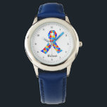 Autism Awareness Ribbon Personalised Blue Kids Watch<br><div class="desc">Beautiful autism ribbon filled with puzzle pieces in blue. A pretty autism awareness personalised kids watch gift. Monogram with your child's name.</div>
