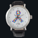 Autism Awareness Ribbon Personalised Watch<br><div class="desc">Beautiful autism ribbon filled with puzzle pieces in blue. A pretty autism awareness personalised watch gift. Monogram with your name.</div>