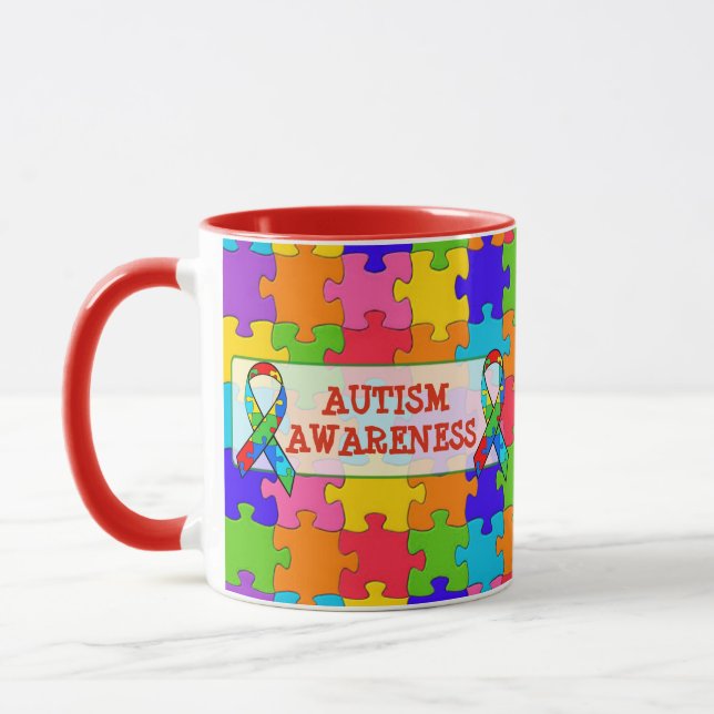 Autism Awareness Ribbon Puzzle Pieces Mug (Left)