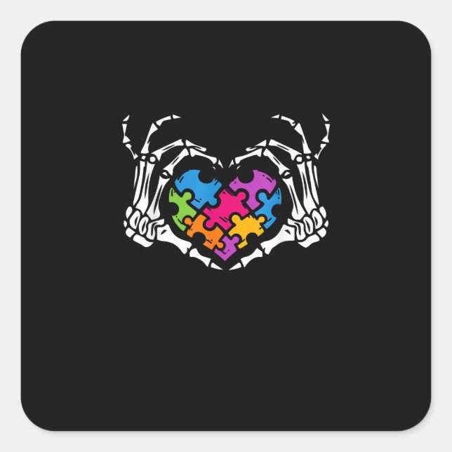 Autism Awareness s s Skeleton Hand Heart Puzzle Pi Square Sticker (Front)