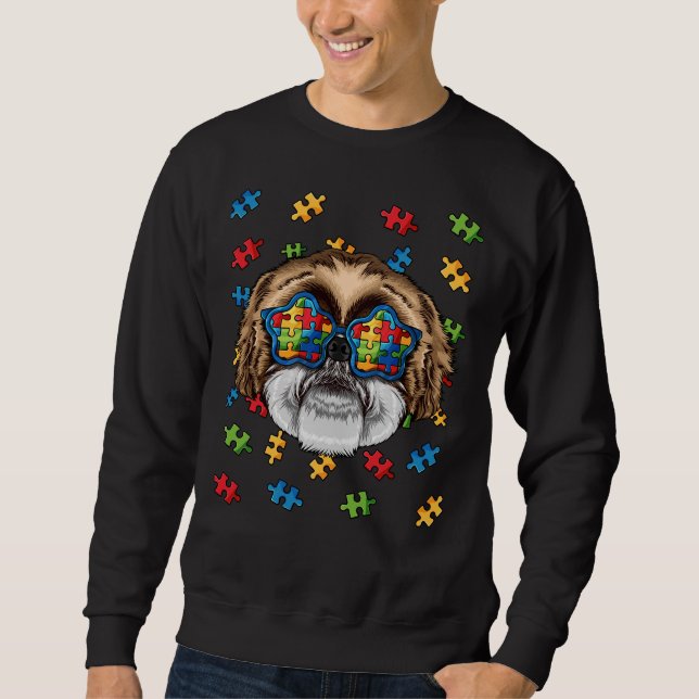 Autism Awareness Shih Tzu Puzzle Sunglasses Autist Sweatshirt (Front)