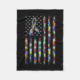 Autism Awareness Shirt American Flag Ribbon Puzzle Fleece Blanket
