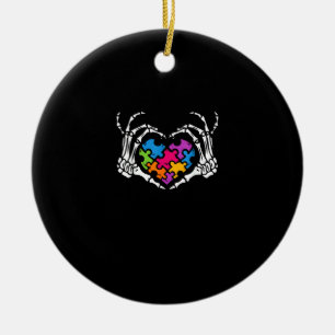 Autism Awareness Skeleton Heart Puzzle Piece Ceramic Ornament