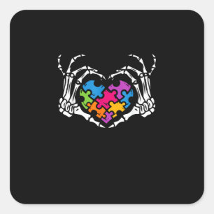 Autism Awareness Skeleton Heart Puzzle Piece Square Sticker