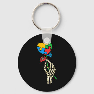 Autism Awareness Skull Hand Rose Autism Puzzle Pie Key Ring