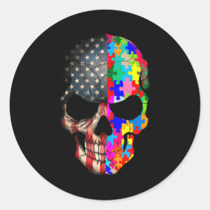 Autism Awareness Skull Puzzle Pieces Skull Autism  Classic Round Sticker