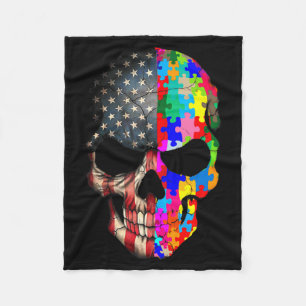 Autism Awareness Skull Puzzle Pieces Skull Autism Fleece Blanket