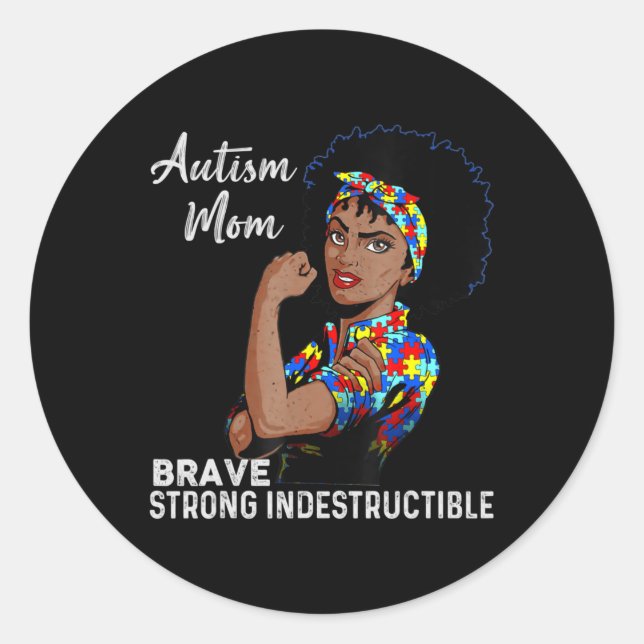 Autism Awareness Strong Mum Afro Mother Black Wome Classic Round Sticker (Front)