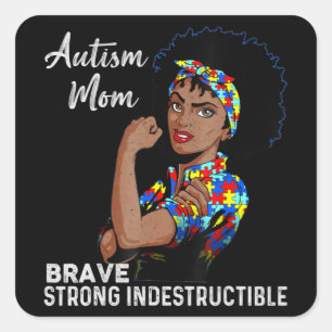 Autism Awareness Strong Mum Afro Mother Black Wome Square Sticker