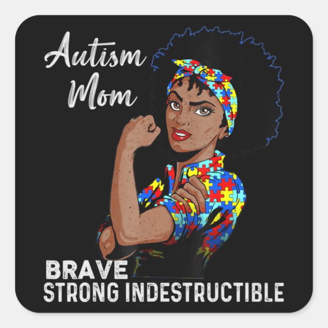 Autism Awareness Strong Mum Afro Mother Black Wome Square Sticker (Front)