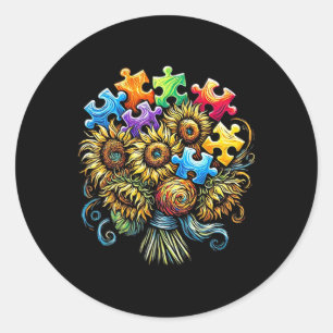 Autism Awareness Sunflower Bouquet Men Women Kids  Classic Round Sticker