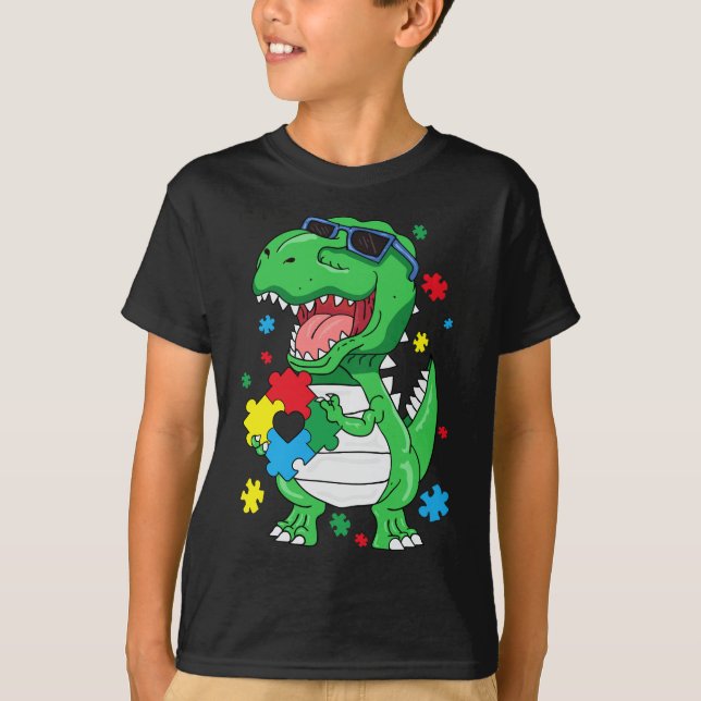  Autism Awareness T Rex Dinosaur Puzzle Piece Kids T-Shirt (Front)