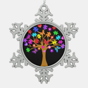 Autism Awareness Tree Snowflake Pewter Christmas Ornament