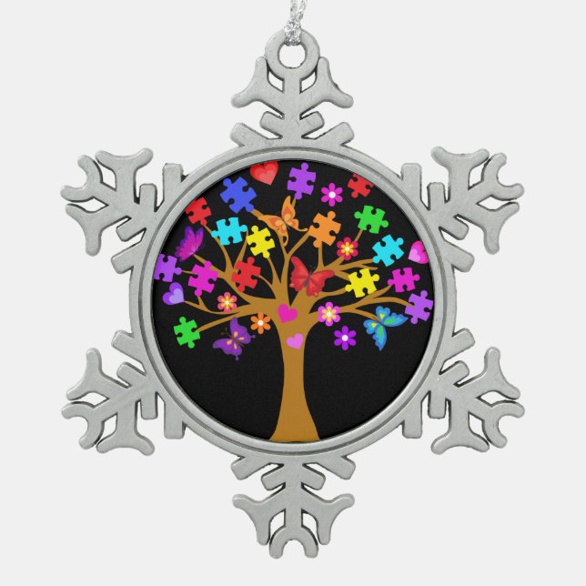 Autism Awareness Tree Snowflake Pewter Christmas Ornament (Front)
