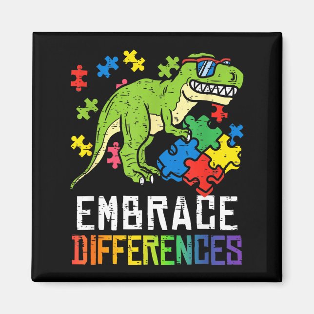 Autism Awareness Trex Embrace Differences Dinosaur Magnet (Front)