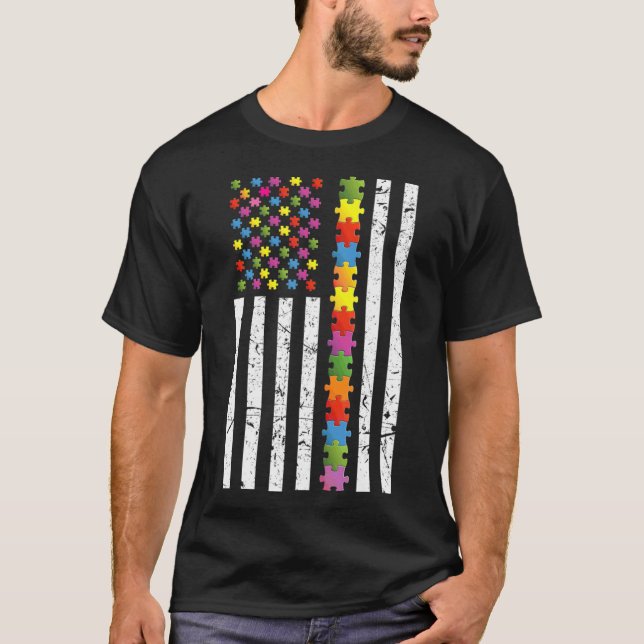Autism Awareness Us Flag Puzzle Ribbon Autistic Su T-Shirt (Front)
