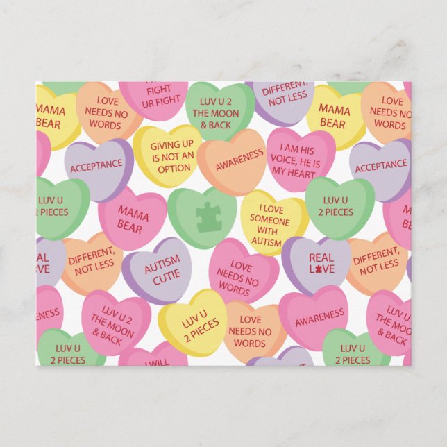 Autism Awareness Valentine Heart Candy Sayings Holiday Postcard (Front)