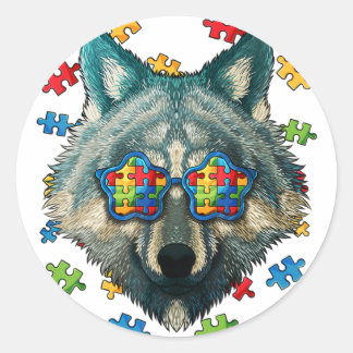 Autism Awareness Wolf Puzzle Sunglasses Autistic K Classic Round Sticker