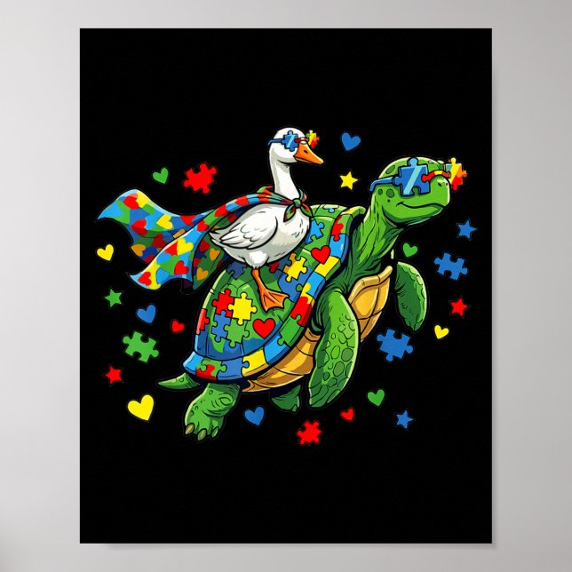 Autism awarenessturtle duck goose puzzle heart  poster (Front)