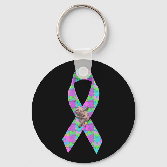 Autism Awarness Angel Puzzle Pieces Ribbon Cause Key Ring (Front)