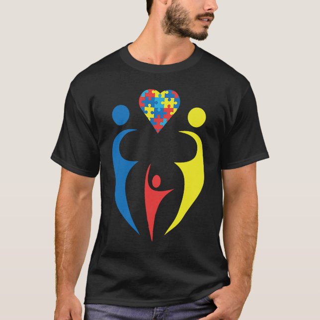 Autism Awarness Family Trio Heart Puzzle Design T-Shirt (Front)