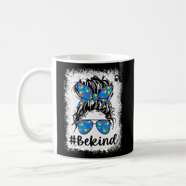 Autism Be Kind Messy Bun Mum Life Heart Puzzle Wom Coffee Mug (Left)