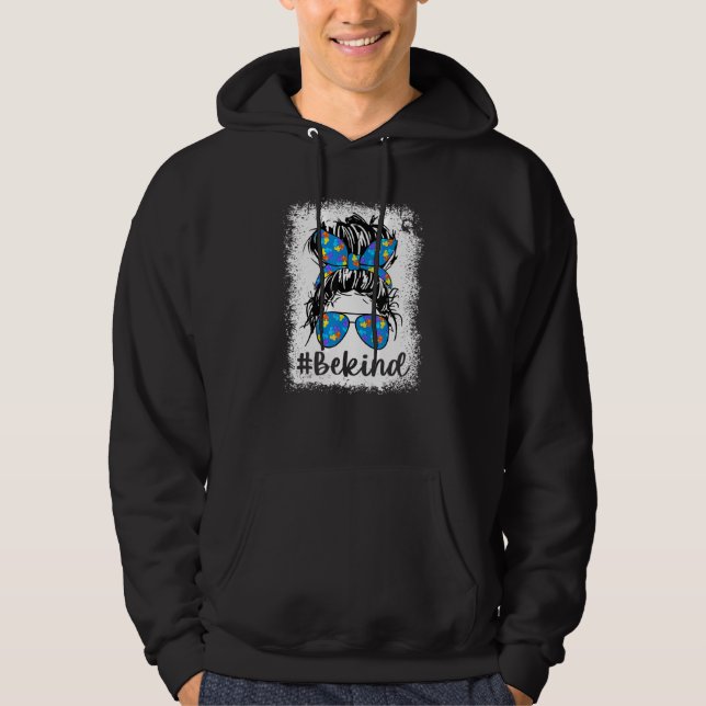 Autism Be Kind Messy Bun Mum Life Heart Puzzle Wom Hoodie (Front)