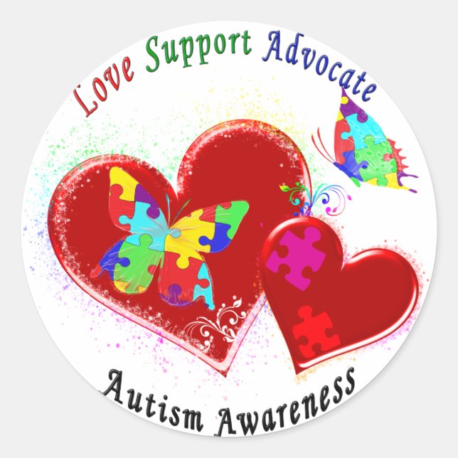 Autism Butterflies in Hearts Classic Round Sticker (Front)