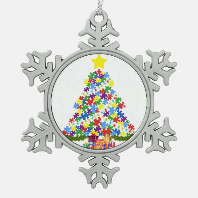Autism - Christmas Tree Snowflake Pewter Christmas Ornament (Front)