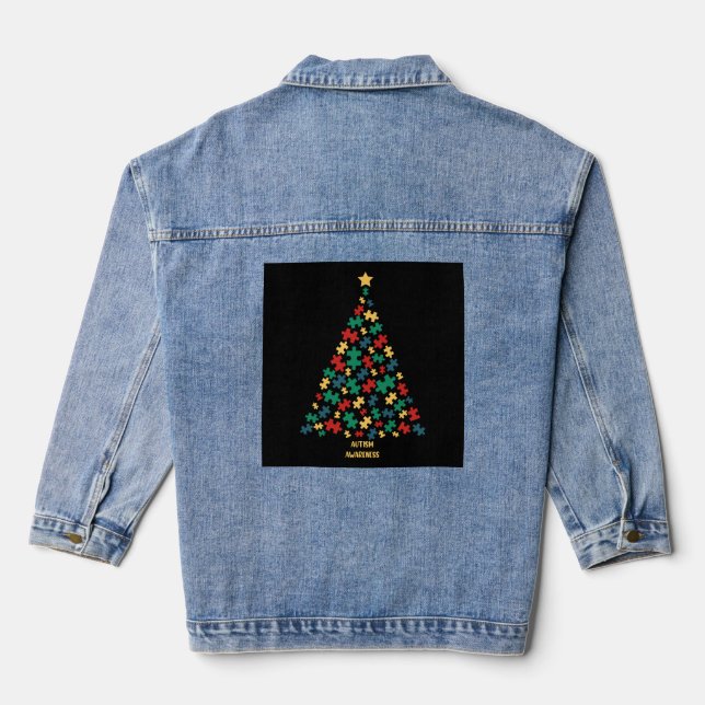 Autism christmas tree xmas autism awareness denim jacket (Back)