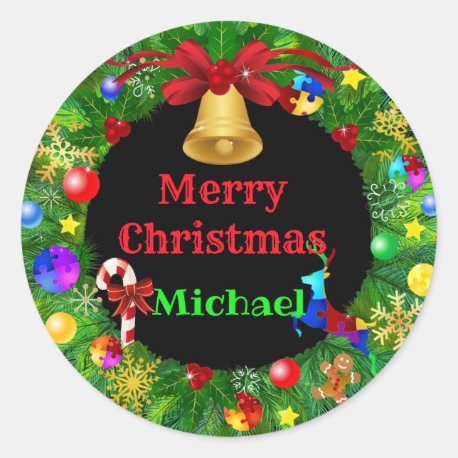Autism Christmas Wreath Classic Round Sticker (Front)