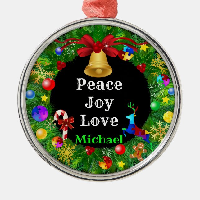 Autism Christmas Wreath Metal Ornament (Front)