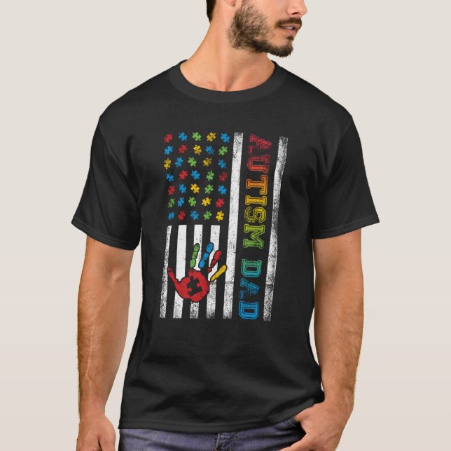 Autism Dad American Flag Autism Awareness T-Shirt (Front)