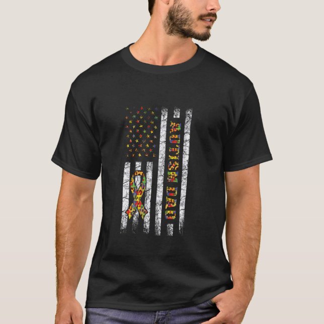 Autism Dad American Flag Puzzle Pride Support Awar T-Shirt (Front)