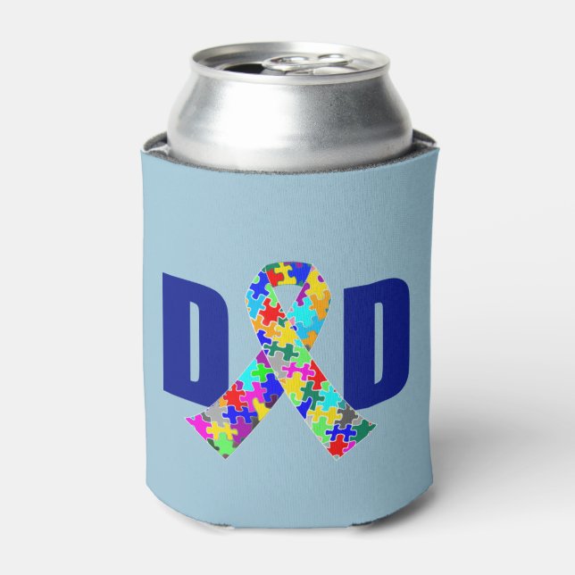 Autism Dad Blue Awareness Ribbon Can Cooler (Can Front)
